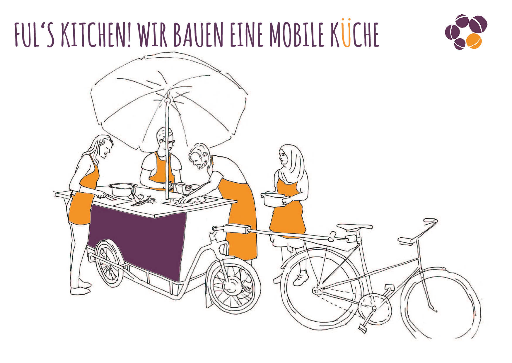 Eine Zeichnung, auf der vier Personen mit Schürzen um ein Fahrrad mit Anhänger stehen. Sie haben Geschirr in der Hand.