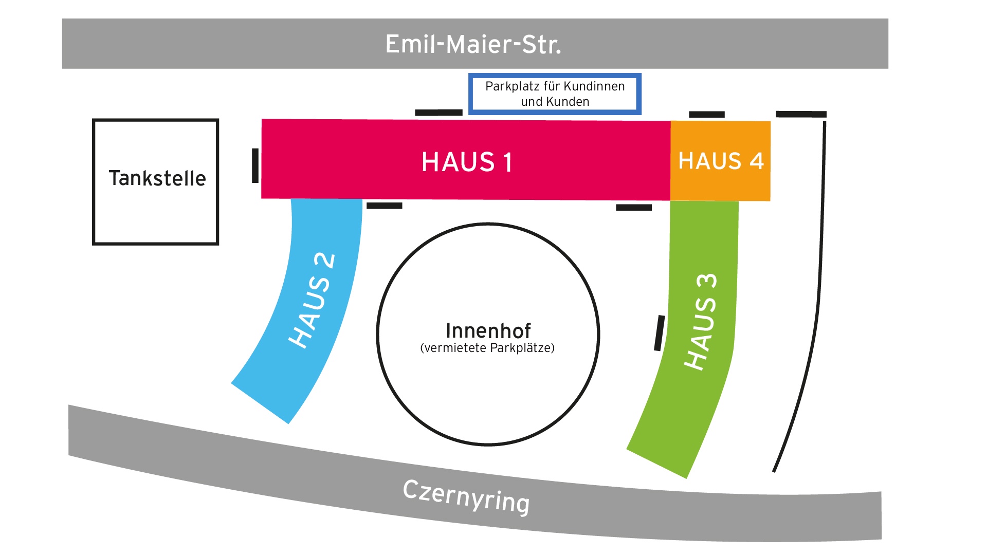 Stilisierter Grundriss des D#16. In der Emil-Maier-Straße sind Parkplätze für Kundinnen und Kunden eingezeichnet.